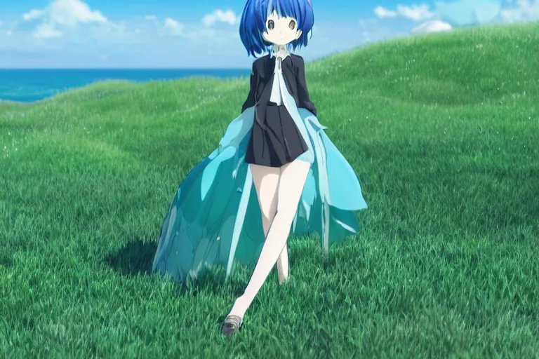 Prompt: 3D CG anime Land of the Lustrous Houseki no Kuni character Phosphophyllite person made of bluegreen gem rock standing in a grassy field on a sunny day wearing a white business shirt with black tie and black shorts, ocean shoreline can be seen on the horizon, holding a black katana, beautiful composition, 3D render, 8k, key visual, backlit, Makoto Shinkai, studio Ghibli