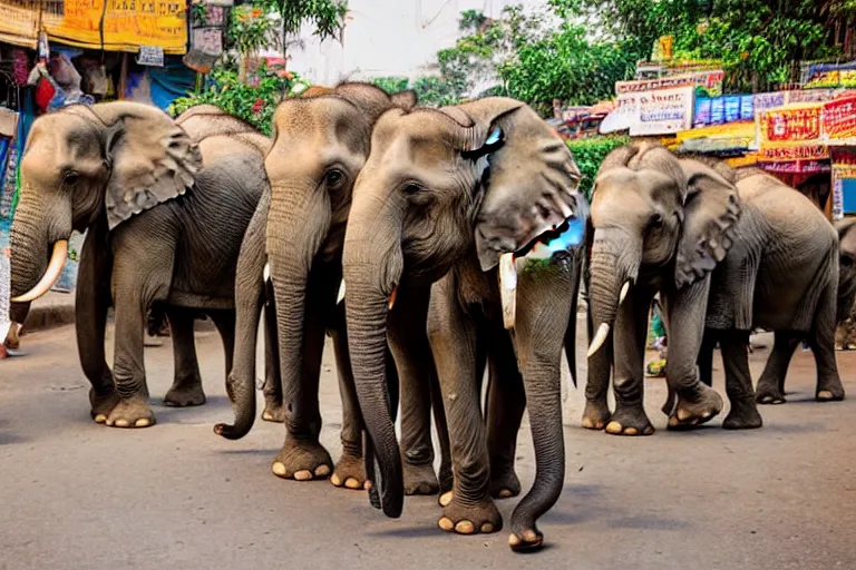 Image similar to elephants walking through an street market in India