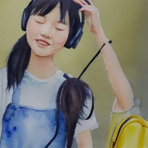 Prompt: cute Chinese young woman with headphones and a yellow backpack in New York, she has a cat, highly detailed watercolor painting