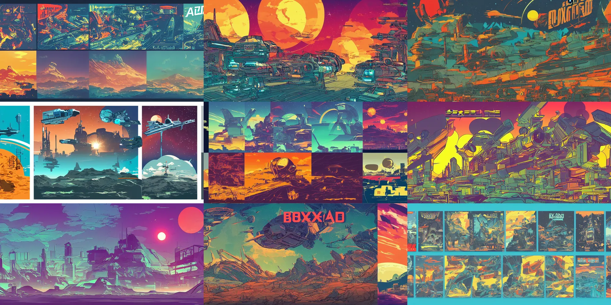 Prompt: boxart, cell shaded, flat color, beautiful retro sci - fi landscape