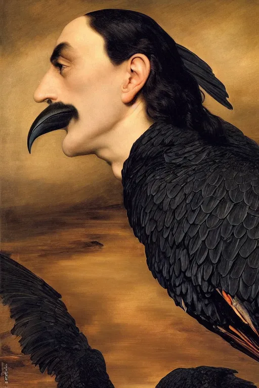 Prompt: a breathtakingly stunningly beautifully highly detailed extreme close up portrait of a giant majestic raven, by michael cheval and frederic leighton and rosetti and turner and eugene von guerard, 4 k