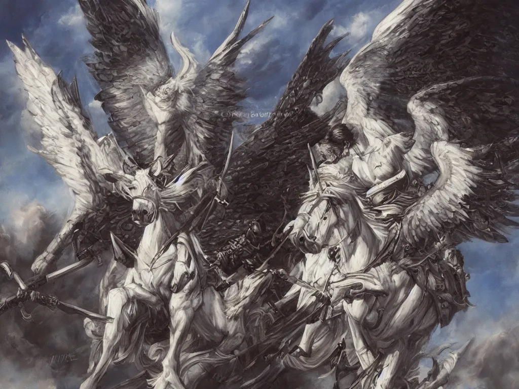 Image similar to valkyrie on white pegasus, epic scene, style of brom, highly detailed