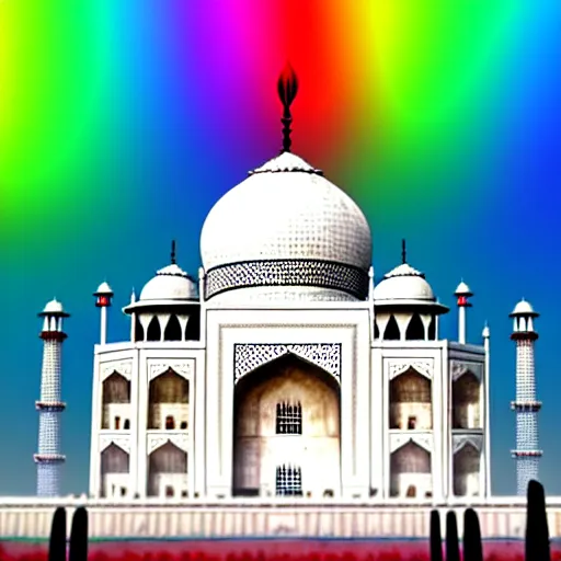 Prompt: futuristic taj mahal painted in rainbow colors. photorealistic. brightly lit scene. this 4 k hd image is trending on artstation, featured on behance, well - rendered, extra crisp, features intricate detail, epic composition and the style of unreal engine.