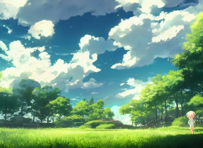 Prompt: illustration of a wide shot green hills with clouds in the background, cute anime girl with platinum blonde hair and big eyes in foreground, anime key visual, official media, illustrated by wlop, extremely detailed, 8 k, trending on pixiv, cinematic lighting, beautiful