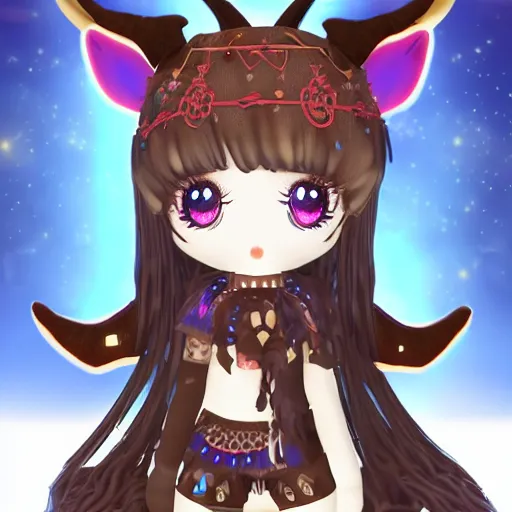 Prompt: cute fumo plush of a goat girl with horns, anime girl, tribal outfit with intricate celtic knot patterns, gothic maiden shaman, pagan goddess, glowing, bokeh, artstation, gamecube