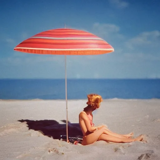 Image similar to a beautiful photo of an astronaut on the beach under a beach umbrella, summer sun, 1 9 7 0, soft light, morning light, photorealistic, realistic, octane, 8 k, cinematic shot