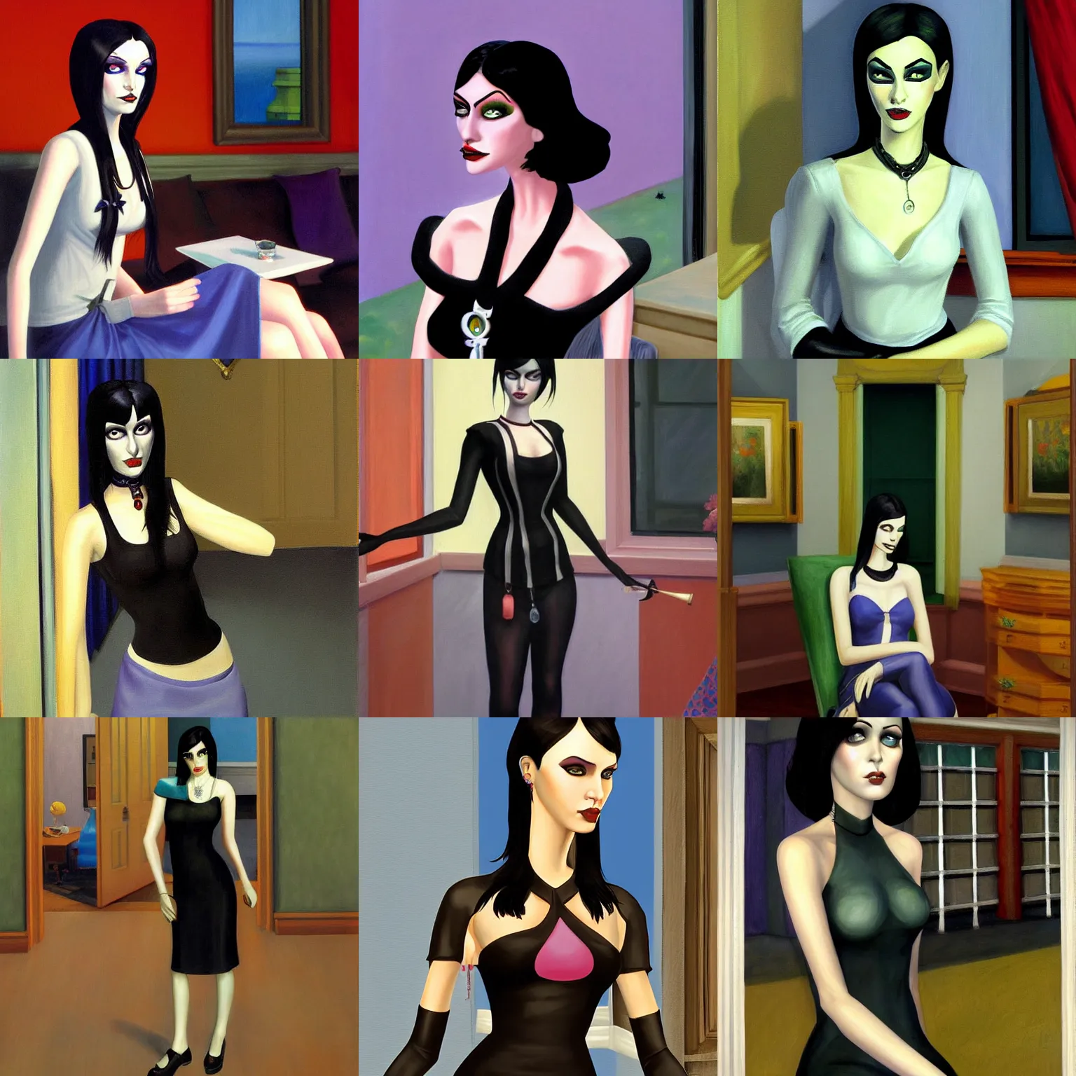 Prompt: painting of cassandra goth from the sims 2 by edward hopper