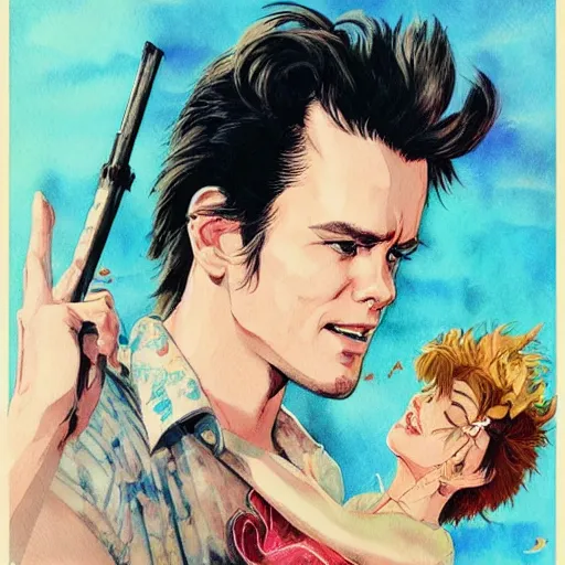 Image similar to vintage movie poster art for ace ventura by trending pixiv fanbox, watercolor, style of makoto akihiko yoshida takashi stephen bliss yoshiyuki and agnes cecile 4 k concept art