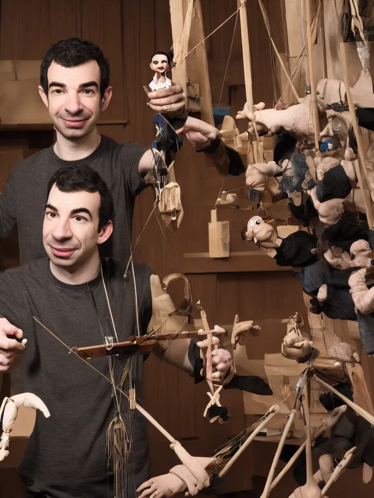 Image similar to photograph of nathan fielder behind a puppet stage controlling a marionette by the strings, high detail, 8 k, photorealism, sharp focus, volumetric lighting