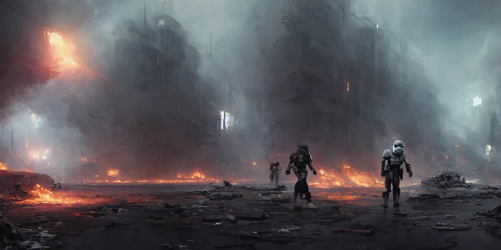 Prompt: a painting of a cinematic keyframe of a storm trooper walking in a destroyed scifi city, remains of starships with fire and smoke by greg rutkowski, rule of thirds, golden ratio, ambient lighting, wlop, artgerm, artstation, highly detailed masterpiece, dark fantasy art, high detail, trending on artstation