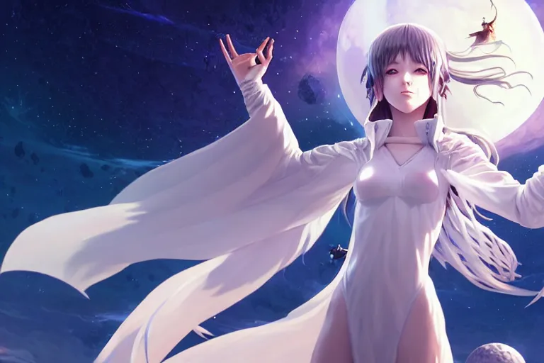 Image similar to white dressed summoner girl fighting against outer gods with their creatures. floating planets on the background, box office hit, fantasy and cosmic horror movie, unreal engine, intricate, highly detailed 8 k, ambient occlusion, extremely beautiful and aesthetic shape of face and body, art by hiroaki samura and ilya kuvshinov and rossdraws