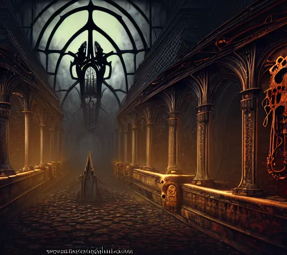 Image similar to steam necropolis, memento mori, gothic, neo - gothic, art nouveau, hyperdetailed copper patina medieval icon, stefan morrell, philippe druillet, ralph mcquarrie, concept art, steampunk, unreal engine, detailed intricate environment, octane render, moody atmospherics, volumetric lighting, ultrasharp, ominous, otherworldly