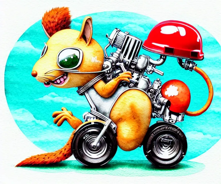 Image similar to cute and funny, squirrel wearing a helmet riding in a hot rod with oversized engine, ratfink style by ed roth, centered award winning watercolor pen illustration, isometric illustration by chihiro iwasaki, edited by range murata, tiny details by artgerm and watercolor girl, symmetrically isometrically centered, sharply focused