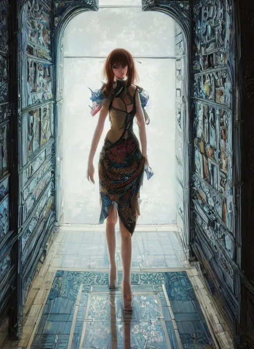 Image similar to beautiful girl in intricate clothing walking through a hallway of mirrors, very high intricate details, painting, digital anime art, medium shot, mid - shot, reflections, wlop, ilya kuvshinov, artgerm, krenz cushart, greg rutkowski, sana takeda