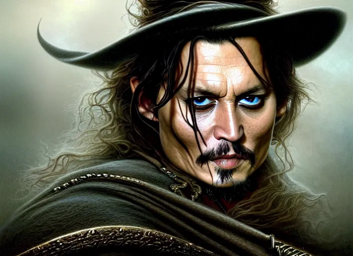 Image similar to wideangle!! portrait shot of johnny depp in the lord of the rings, intricate, elegant, highly detailed, centered, digital painting, artstation, concept art, smooth, sharp focus, illustration, artgerm, tomasz alen kopera, peter mohrbacher, donato giancola, joseph christian leyendecker, wlop, boris vallejo