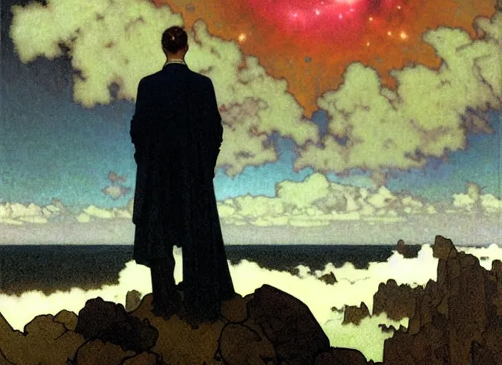 Image similar to dark silhuette of a man standing on a gray dull cliff looking out into a colorful cosmos, clouds, stars, rings, beautiful lighting, vivid colors, intricate, elegant, art by john collier and albert aublet and krenz cushart and artem demura and alphonse mucha