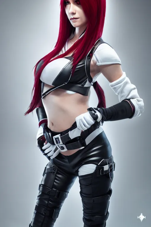 Image similar to Katarina from Overwatch, photorealistic full body, studio lighting, white ambient background, highly detailed