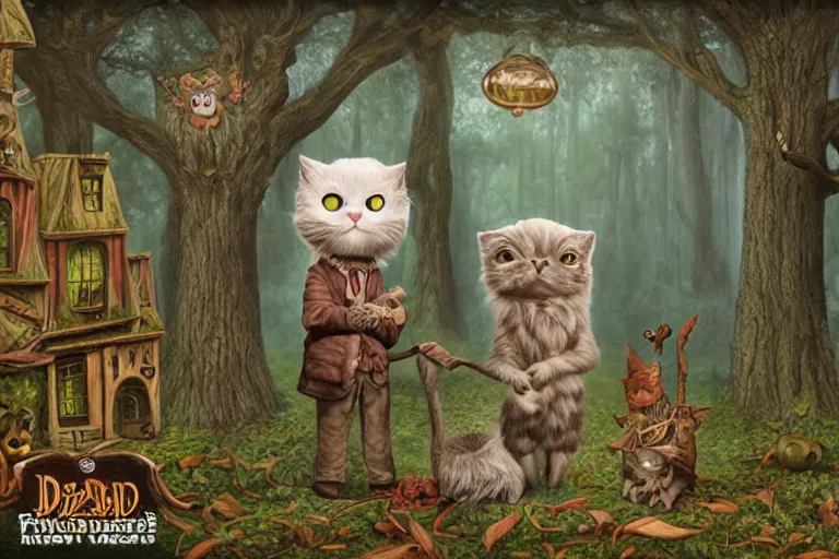 Image similar to old wizard cat and his forest furry creature matte painting, 3 d highly detailed, in the style of mark ryden