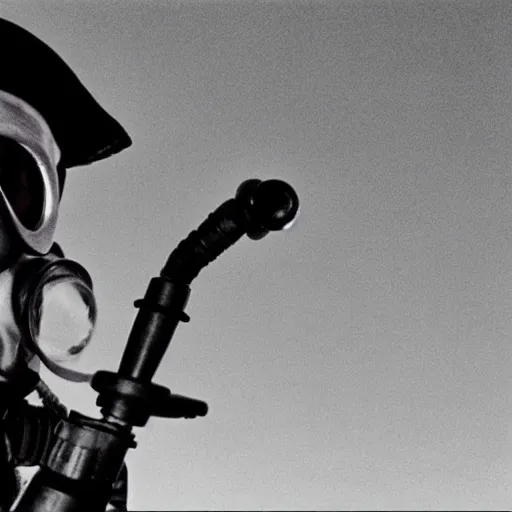 Image similar to a pirate wearing a gasmask, in the desert, film still, arriflex 3 5