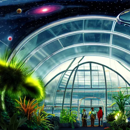Prompt: a cinematic view of a space habitat colony, large indoor greenhouse with exotic plants, retrofuturism, scifi art, oil on canvas, biodome, stars in the sky above, details, hyper - detailed, hd, hdr, 4 k, 8 k