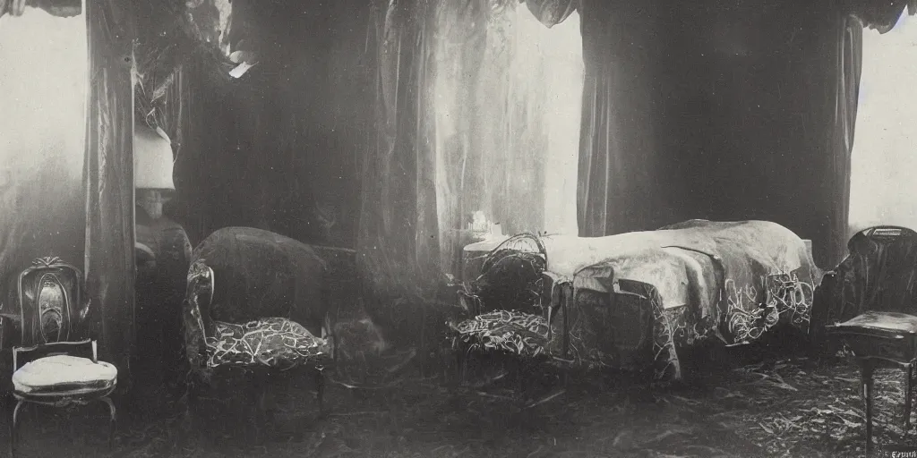 Image similar to mothman is sitting inside a luxurious room, wet version of photography, 1 9 0 0 s