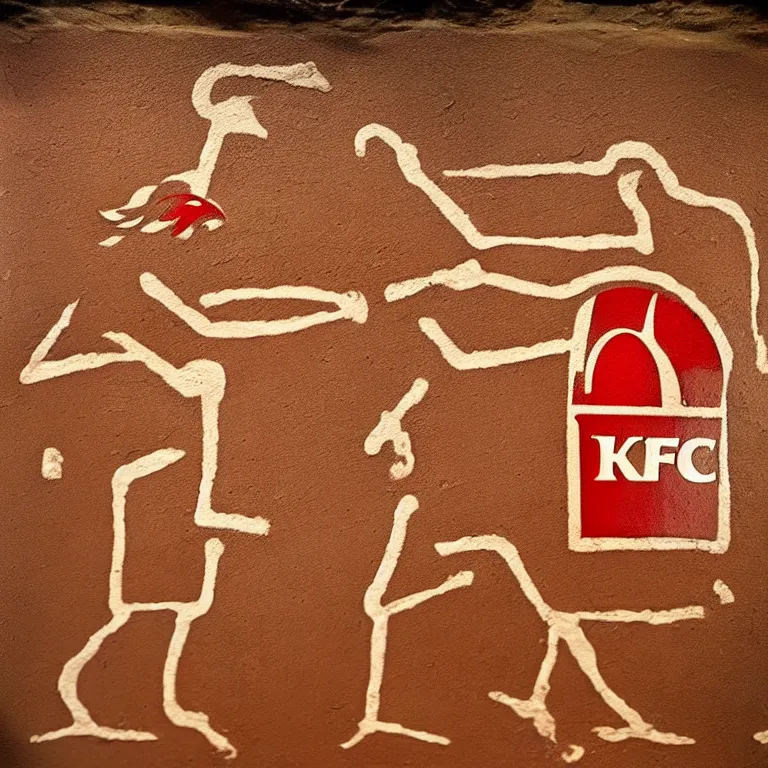 Image similar to stone age cave painting of KFC drive-thru