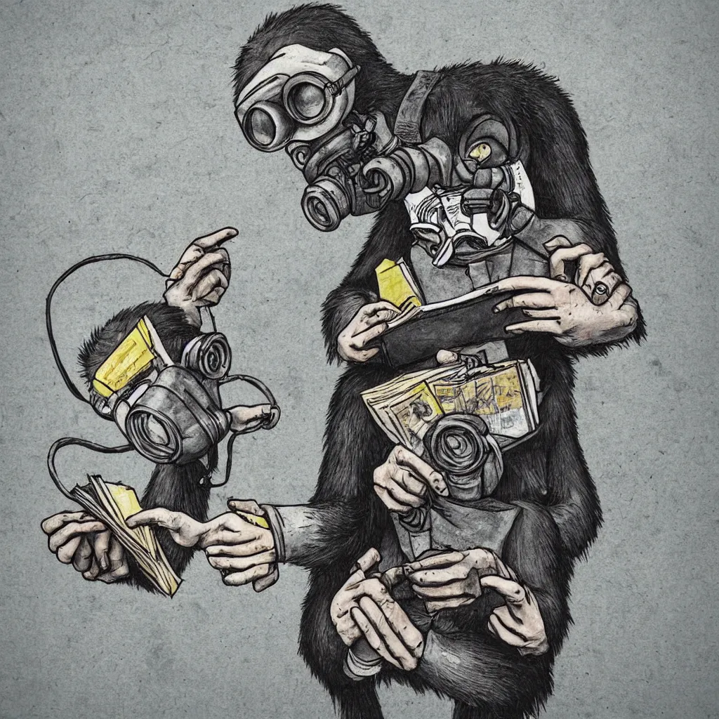 Image similar to Monkey reading a book, wearing a gas mask, graffiti, edge to edge, solid color background intricate, highly detailed, smooth, sharp focus, detailed face and body, high contrast