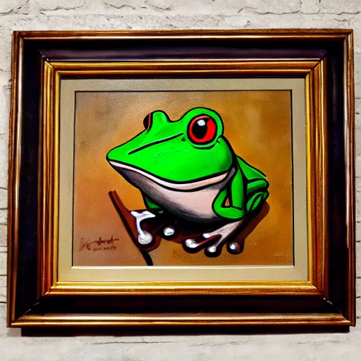 Prompt: frog with large mustache, handlebar mustache, kaiserbart, expressive oil painting