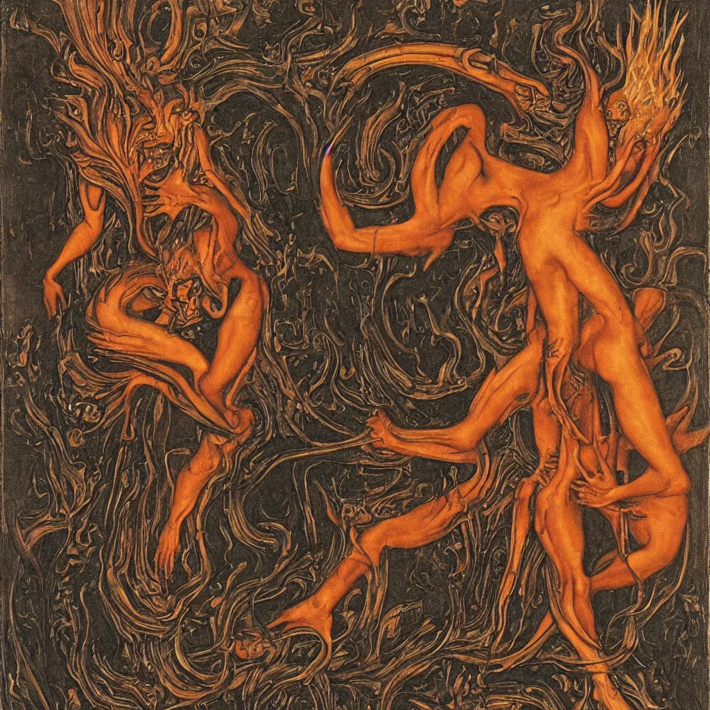 Prompt: a graceful detailed demon ballerina leaving a trail of smoke in a pool of lava by h. r. giger, by hans memling