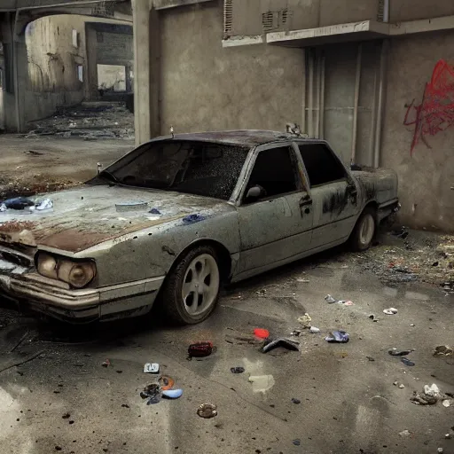 Image similar to hyper detailed and photorealistic, a number of car, dust, humus, wet street, graffiti on wall, trash scattered everywhere, abandoned car garage, 8 k, uhd, after rain, cinematic lighting, incrinate