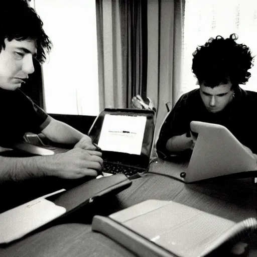 Prompt: sad geeks sitting in a dirty hotel room working on computers, 1990s photograph