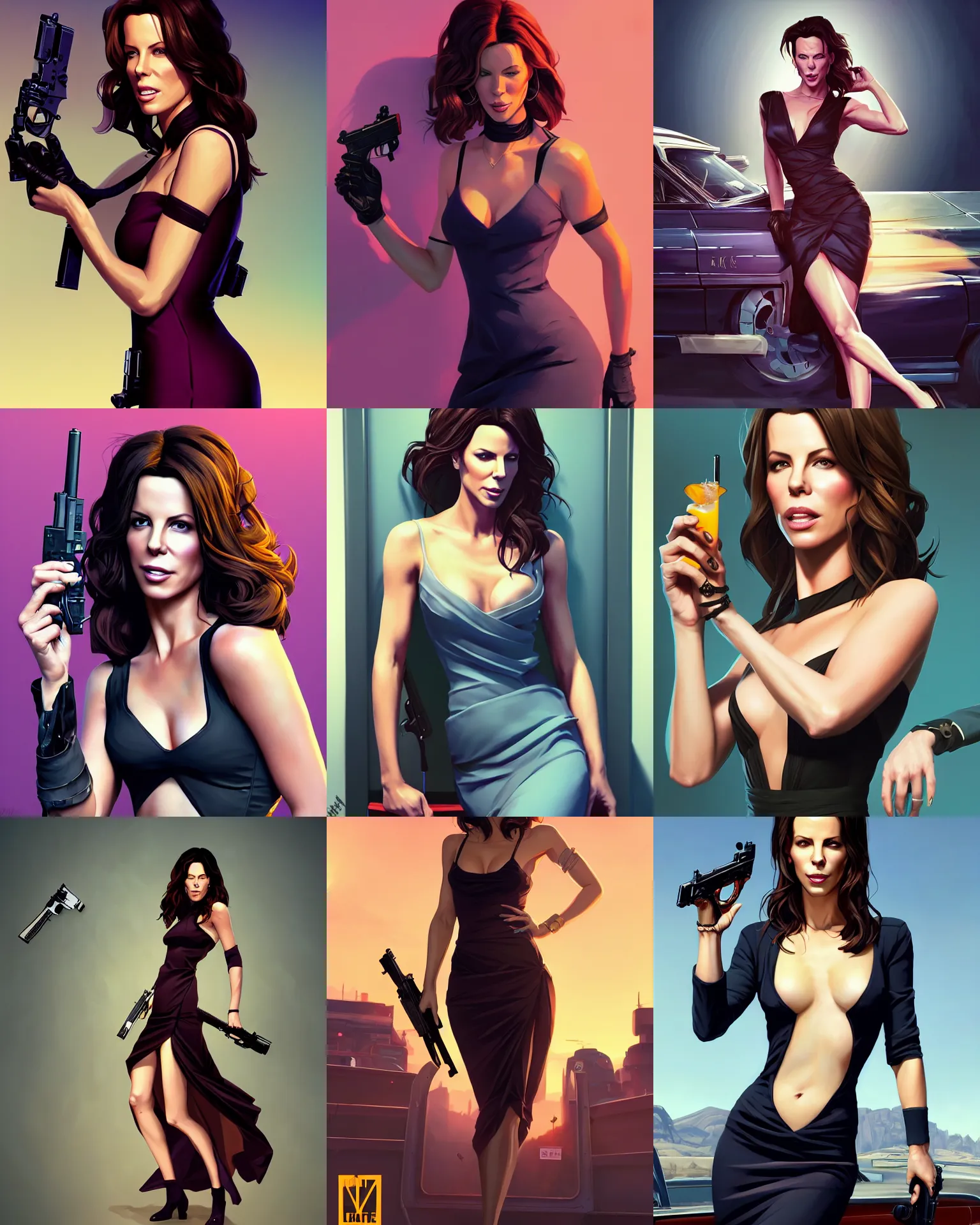 Prompt: portrait of kate beckinsale attractive femme fatale, wearing cocktail dress, with pistol, gta v cover art, borderlands style, celshading, trending on artstation, by rhads, andreas rocha, rossdraws, makoto shinkai, laurie greasley, lois van baarle, ilya kuvshinov and greg rutkowski, 4 k