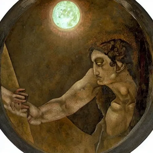 Image similar to the full moon grieving the earth, roman fresco