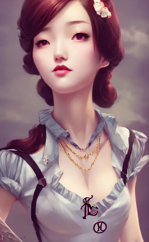 Image similar to a pin up and beautiful fashion charming dreamlke korea girl with lv jewelry, character art, art by artgerm lau and kyoung hwan kim and and ilya kuvshinov and john singer sargent, hyperdetailed, 8 k realistic, symmetrical, frostbite 3 engine, cryengine, dof, trending on artstation, digital art