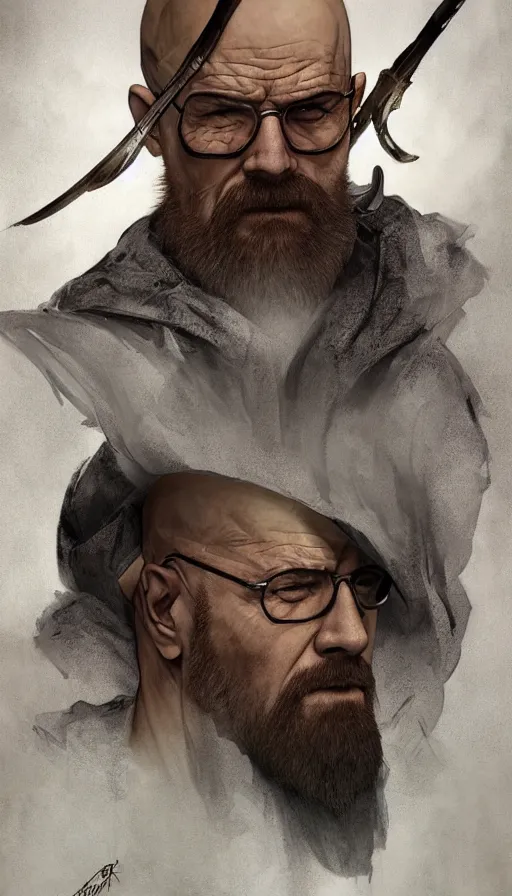 Image similar to Heisenberg as Kratos, highly detailed, digital painting, artstation, concept art, smooth, sharp focus, illustration, ArtStation, art by artgerm and greg rutkowski and alphonse mucha and J. C. Leyendecker and Edmund Blair Leighton and Katsuhiro Otomo and Geof Darrow and Phil hale and Ashley wood and Ilya repin and Charlie Bowater
