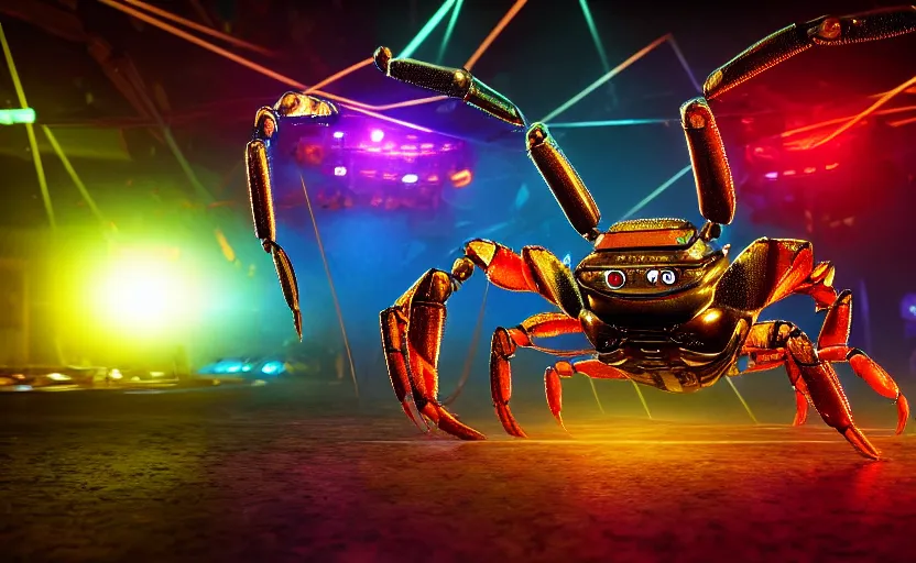 Prompt: robocrab cybercore disco rave, highly detailed, extremely high quality, hd, 4 k, 8 k, professional photographer, 4 0 mp, lifelike, top - rated, award winning, cinematic, realistic, detailed lighting, detailed shadows, sharp, no blur, edited, corrected, trending