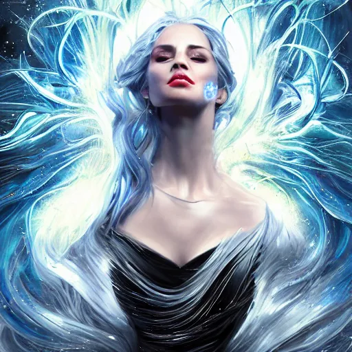 Prompt: masterpiece portrait of an aesthetic elegant mage woman, ice spell, 3 0 years old woman, black dynamic hair, wearing silver diadem with blue gems inlays, silver necklace, painting by joachim bergauer and magali villeneuve, atmospheric effects, chaotic blue sparks dynamics in the background, intricate, artstation, instagram, fantasy