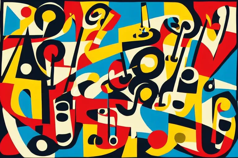 Image similar to Stylized abstract art of jazz musicians playing along with musical notes in the style of Stuart Davis