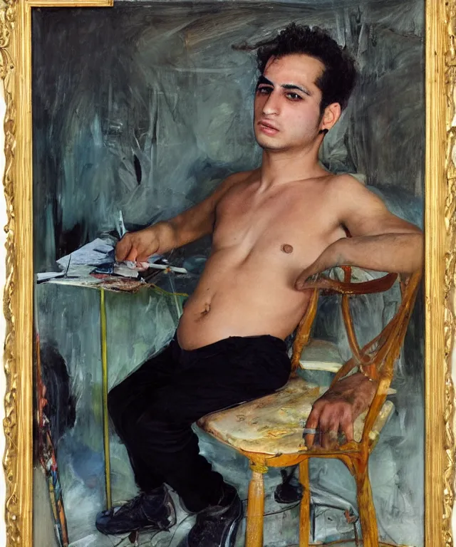 Prompt: a color photograph of persian young man in his workplace, by nan goldin, painted over by jenny saville, out of place, intense, bold, exaggerated, over proportion, hyperrealistic, ultra sharp, extra details, ultra high quality,