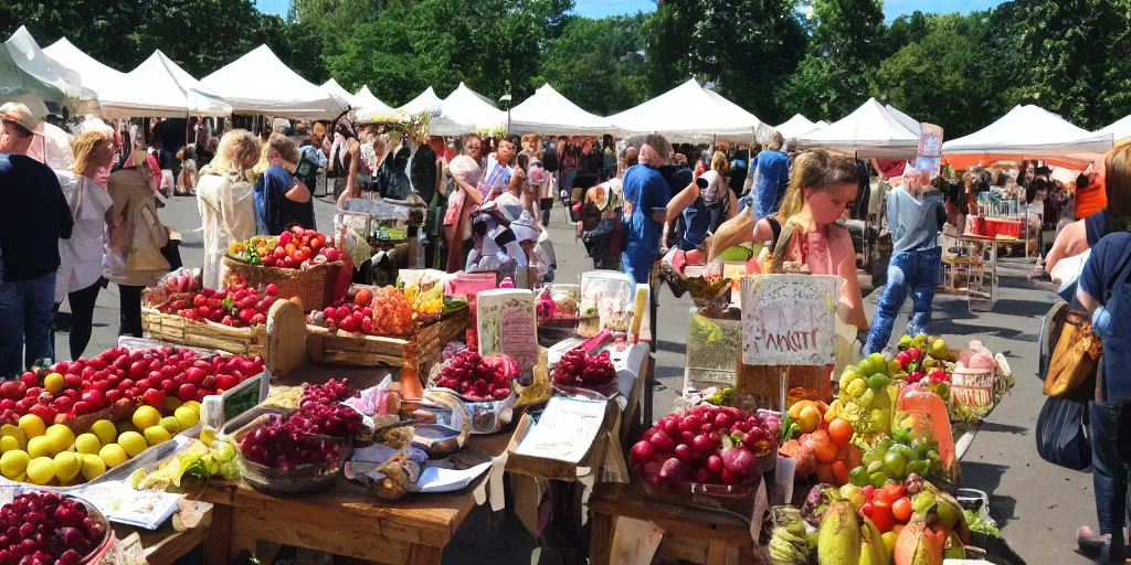 Image similar to a lovely photo, sunday morning at the local farmers market, vendors with fruit and breads, jars of jams and honey, crowds of people, flowers and activity all around, happy, fun