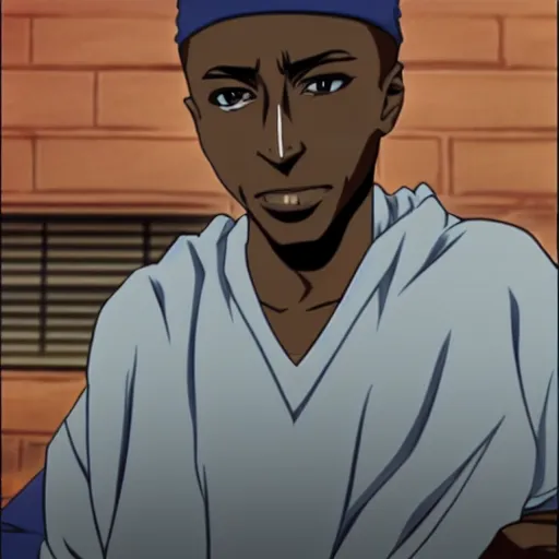 Image similar to Tupac Shakur, screenshot from a 2012s anime