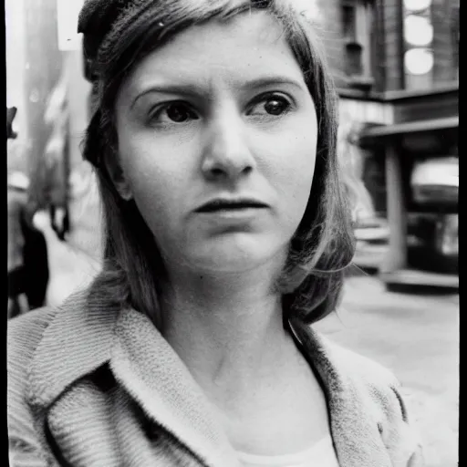 Image similar to street photography portrait of a woman in new york from the year 1 9 6 0, ultra - detailed hyper - realistic, photographed on damaged film