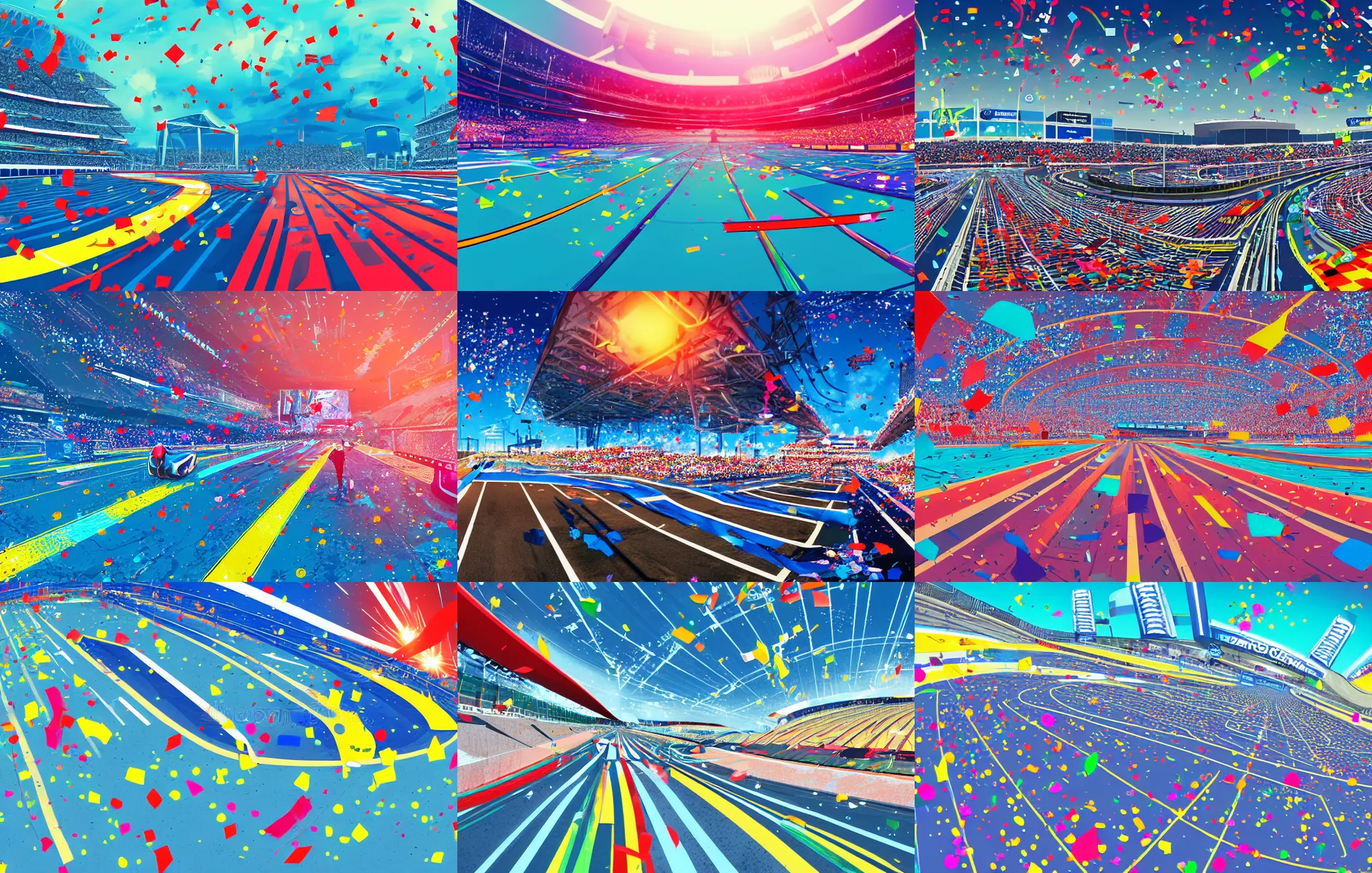 Prompt: wide angle lens shot of a futuristic racetrack finish line from the attendee stands with confetti on a sunny day with a clear blue sky, cyberpunk, vibrant colors, illustration, digital painting