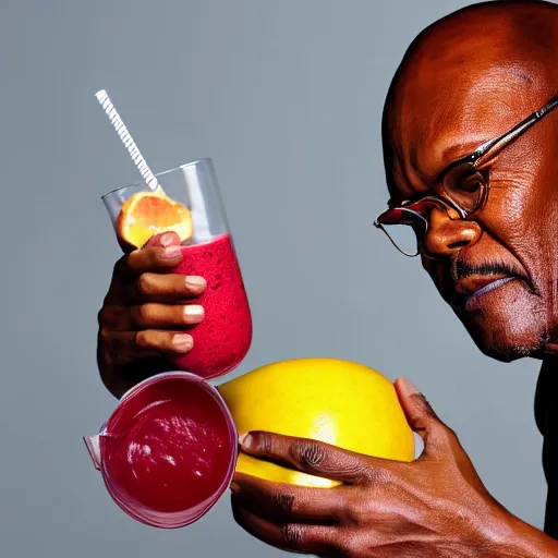 Prompt: samuel l jackson making a smoothie, professional studio photography, 4 k