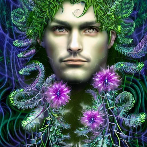 Image similar to an man, stern face, clear eyes, shining armour made of steel and flowers, and fractal flowery hair in a fractal garden, glowing delicate flower and ferns that grow in a dark fatansy forest on the planet pandora,