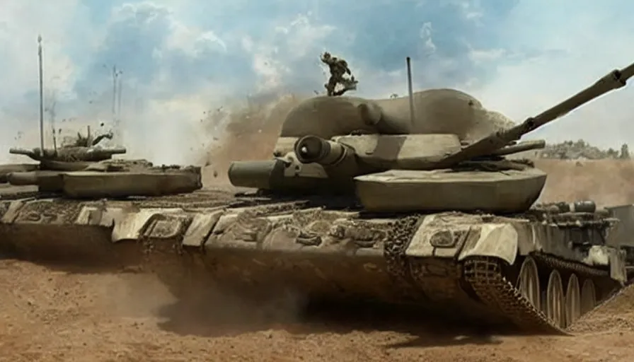 Image similar to Big budget movie about a battle between military tanks and giant armored beetles.