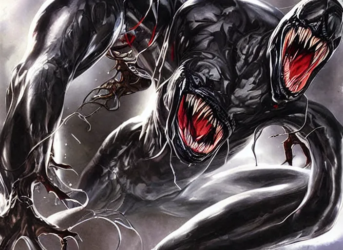 Image similar to artwork of venom by artgerm, amano yoshitaka, berkey john, bowater charlie