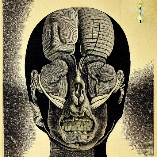 Prompt: surreal japanese woodblock head anatomical atlas dissection center cut, lithography on paper conceptual figurative ( post - morden ) monumental dynamic soft shadow portrait drawn by hogarth and escher, inspired by goya, illusion surreal art, highly conceptual figurative art, intricate detailed illustration, controversial poster art, polish poster art, geometrical drawings, no blur