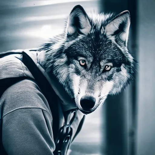 Prompt: wolf with gray hoodie standing at an abandoned police station on an appalachian appalachian trail close up. he is wearing a body builder harness. dark atmospheric lighting, night