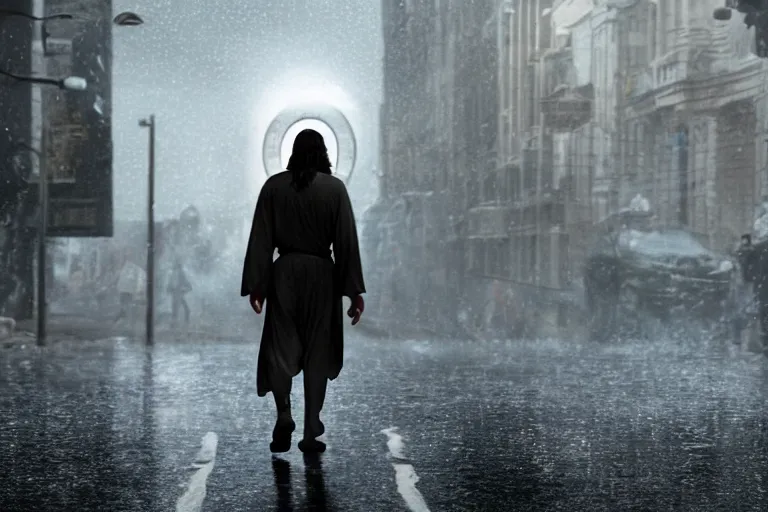 Prompt: a cinematic photograph of jesus walking through a dystopian city street, rain falls, ultra realistic, high definition